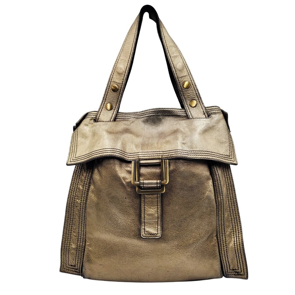Kooba Kylie Metallic Bronze Pewter Leather Satchel Shoulder Top Handles Bag